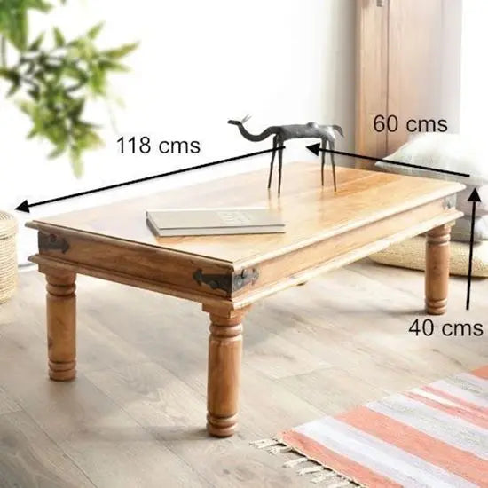 Sheesham Wood rectangular vintage coffee table with decorative iron corners.