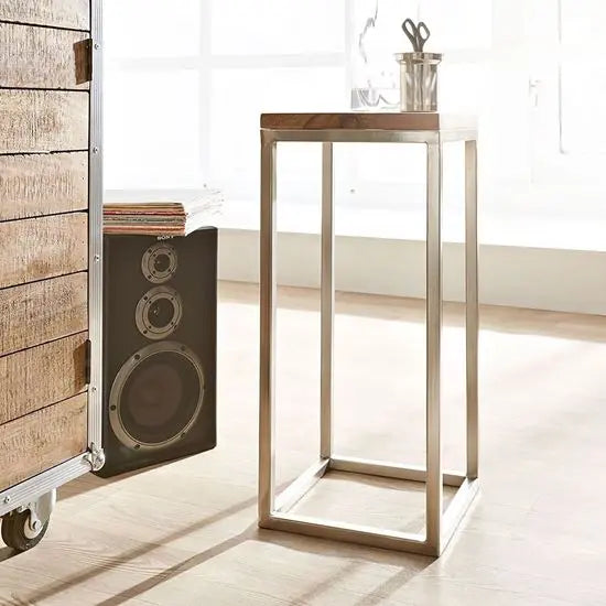 Square Top Empire End Table Made in Solid Sheesham Wood and SS Frame.