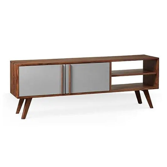 A Alviro Tv Cabinet with two doors and two open shelves, featuring a brown wood finish and a simple, modern design.