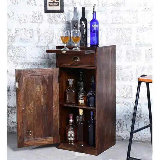 Solid Sheesham Wood One Door One Drawer Meeg Bar Cabinet.