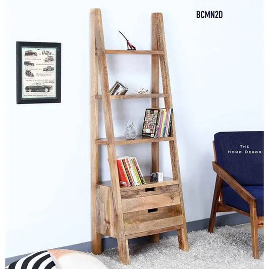 Solid Mango Wood Two Drawer and Four Shelf LadWing Natural Bookcase.