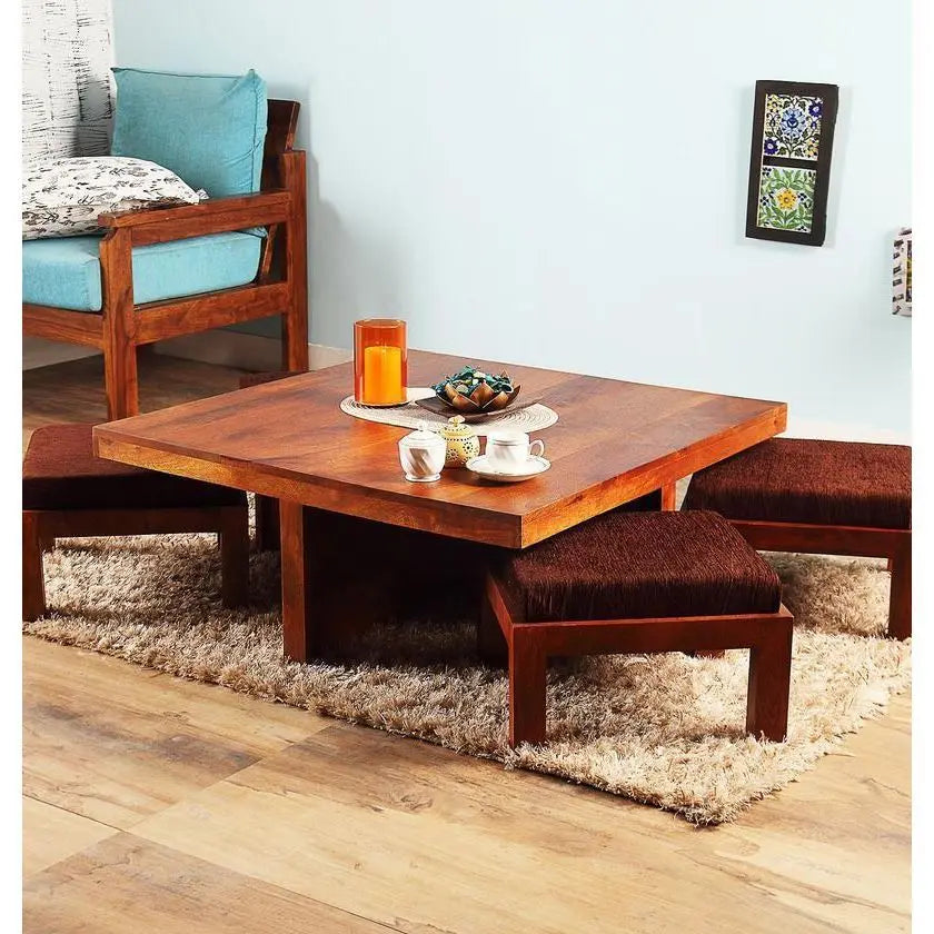 Solid wood Square design Squiral quatro coffee table with four cushion stool.