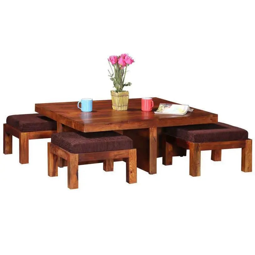 Solid sheesham wood Square design Squiral quatro coffee table with four cushion stool.
