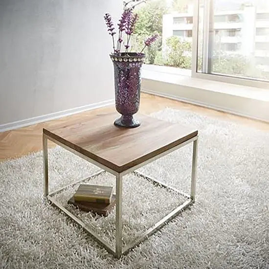 Sheesham wood with a stainless steel base small square squiral coffee table.