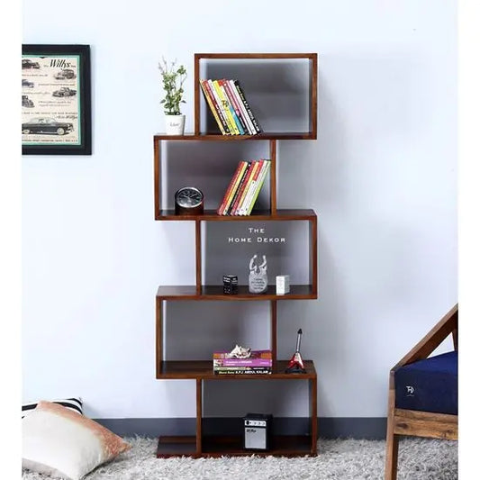 Five Tier Zig Zag Bookcase Walnut Made in Solid Sheesham Wood. This Bookcase Looks So Classy. This Bookcase Used for Keeps Books and Other Decorative Items.