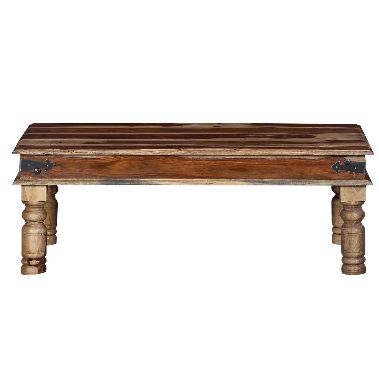 Solid Wood rectangular Norma Traditional coffee table with turned legs and metal accents at the corners.