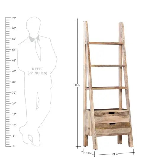 Two Drawer and Four Shelf LadWing Natural Bookcase Made in Solid Mango Wood.