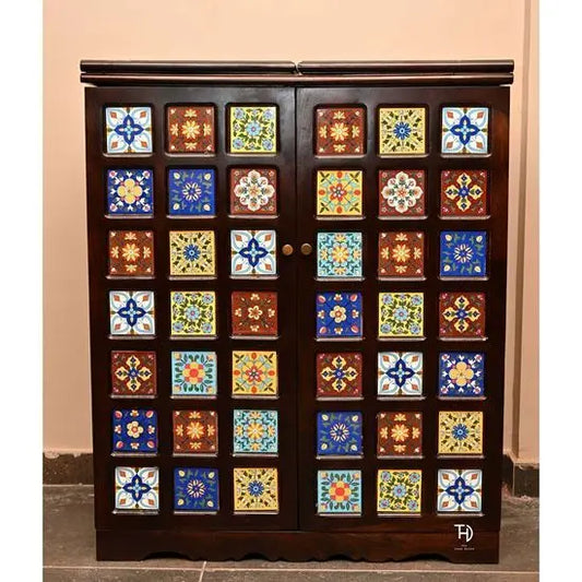 Two Ceramic TIle Door Siramika Bar Cabinet Made in Solid Sheesham Wood and Ceramic Tile.