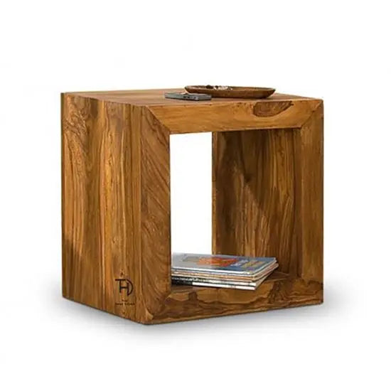 Solid wood rectangle shaped cube side table with one shelf.