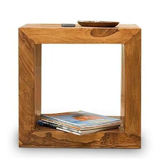 Solid Sheesham wood rectangle shaped cube side table with one shelf.