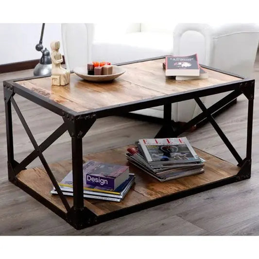An industrial style coffee table with a metal frame and mango wood top and shelf.