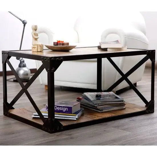 Solid mango wood and Metal Frame Industrial Style two shelf with side x design Devi industrial coffee table.