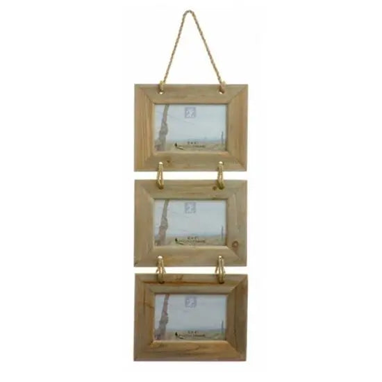 A set of three wooden photo frames with a natural finish, hanging from ropes.