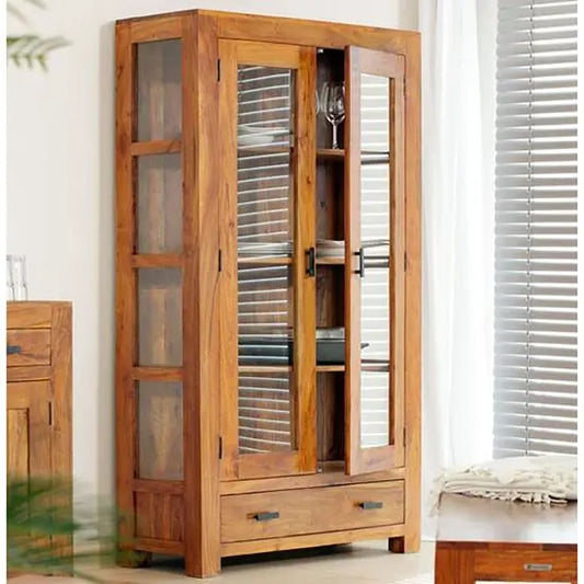 A wooden crockery cabinet with glass doors and a drawer, with wood texture and brown finish.
