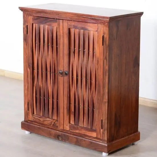 Wooden shoe rack with lur in door