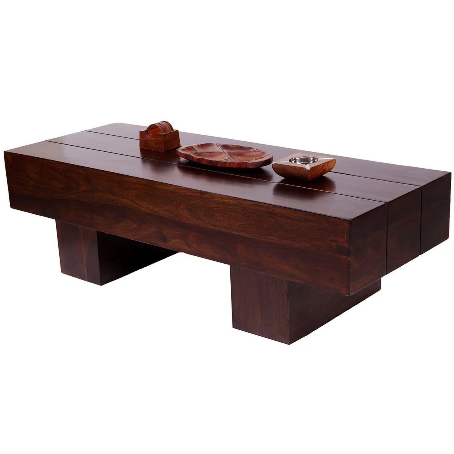 A rectangular brown wooden coffee table with a minimalist design, featuring a low profile and square legs.