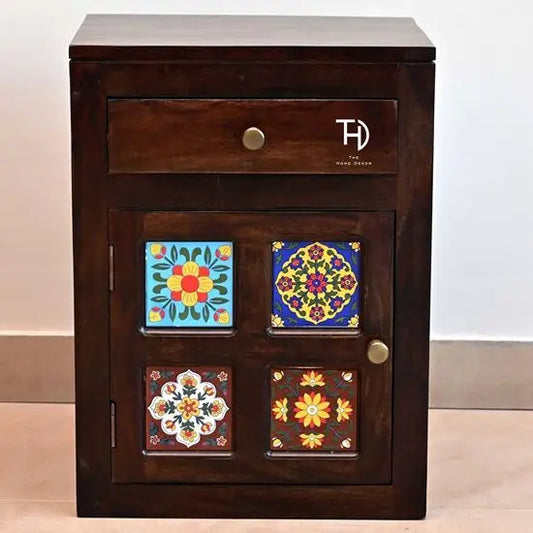 One Door One Drawer Siramika Bedside Table Made in Solid Sheesham Wood and Also Use Ceramic Tile on Door Panel.