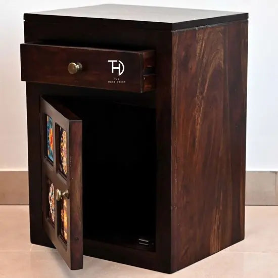 Solid Wood One Door and One Drawer Siramika Bedside Table.