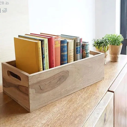 A wooden book rack filled with various books, Book holder made in real wood.