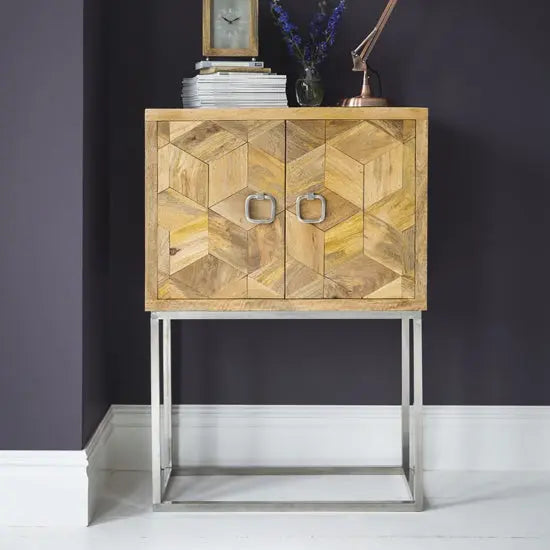 Designer two door cabinet with metal base in wood.