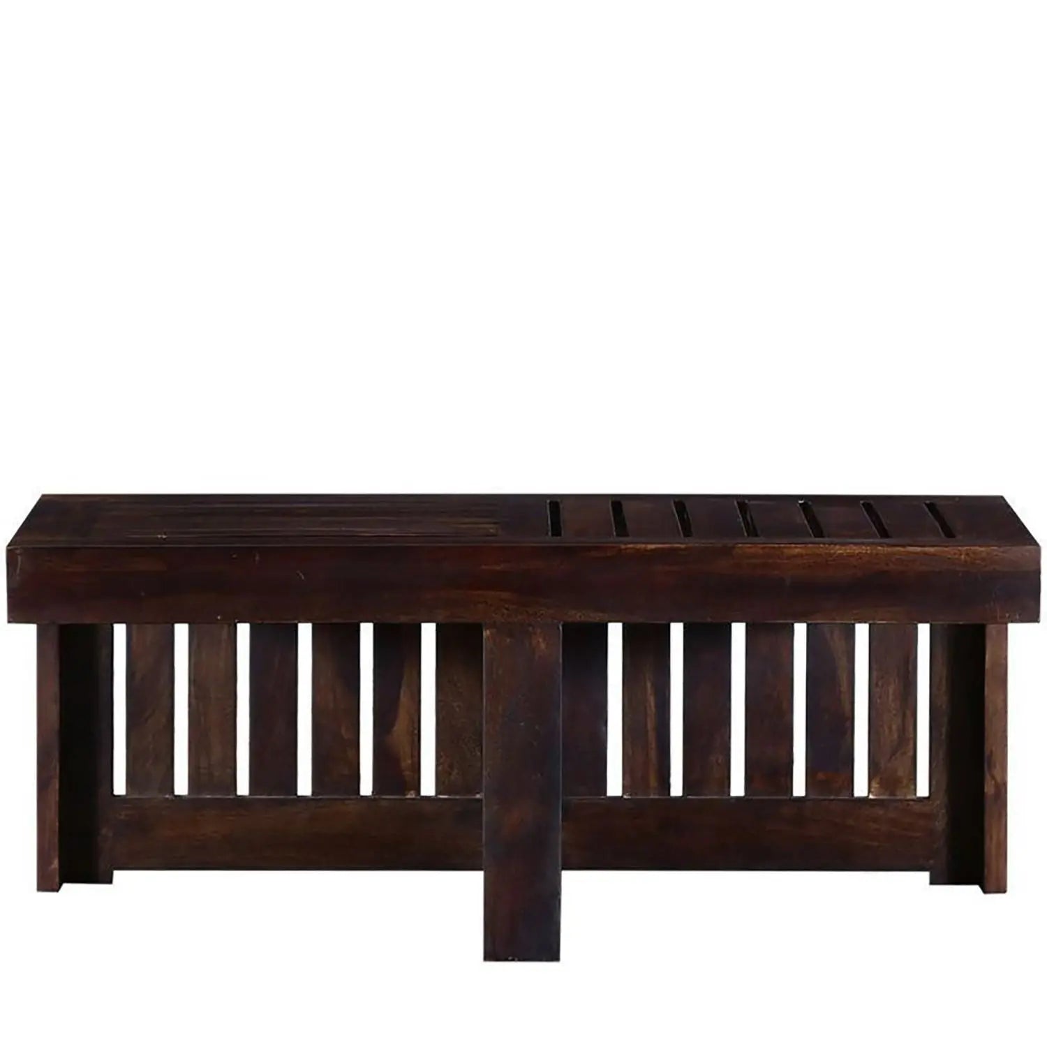 Wooden Rectangle shilbyra coffee table with two cushioned stools.