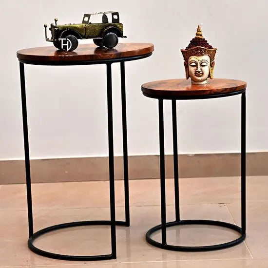 Round Top Tom & Jerry Stool Set Made in Solid Wood and Metal Frame.