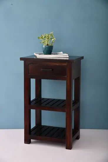 One Drawer and Two Shelf High Shedo Side Table Made in Solid Sheesham Wood.