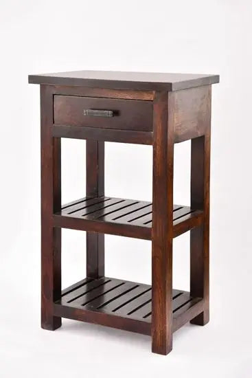 Solid Wood One Drawer and Two Shelf High Shedo Side Table.