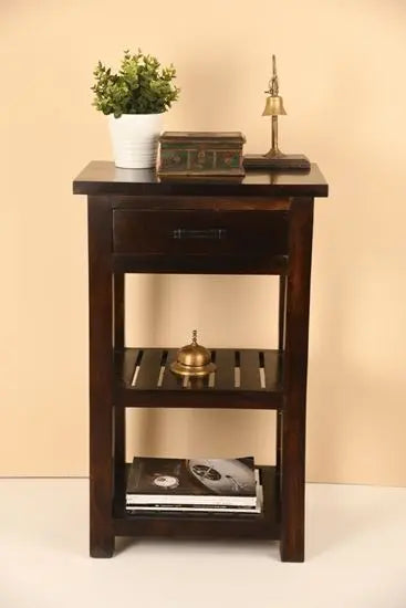 Sheesham Wood One Drawer and Two Shelf High Shedo Side Table.