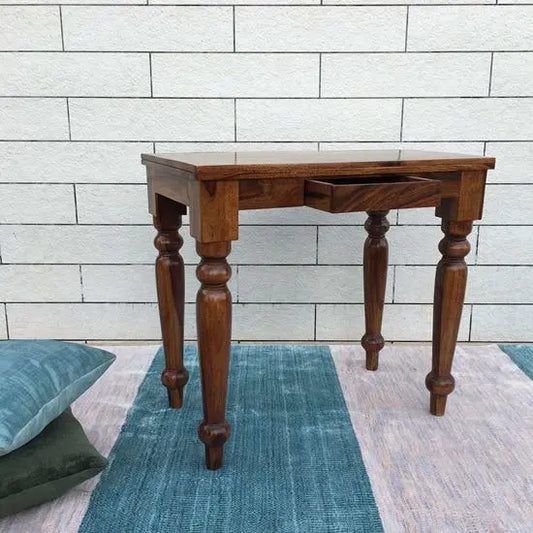 Solid Sheesham Wood One Drawer Lazer Study Table in Wood Natural Finish. Beautifully Design Carved Leg Lazer Study Table.