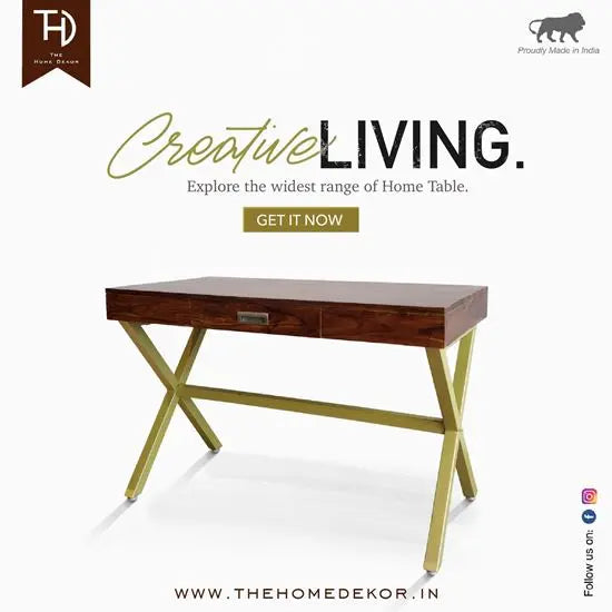 One Drawer Xtriva Study Desk Made in Solid Sheesham Wood and Metal Frame.