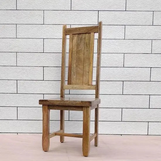 Devi solid wood dining chair with a natural finish, lightweight, strong, and modern design.