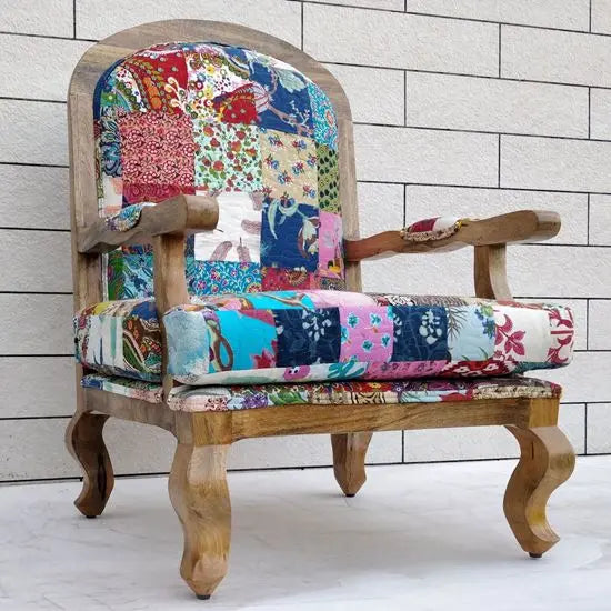 Mango wood chair with patchwork chair with a stool.