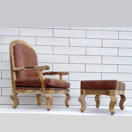 Real wood upholstered cushioned chair with curved wooden legs and a tufted backrest.