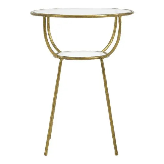A Hammering Side Table with a hammered finish golden color metal base and a clear glass top.