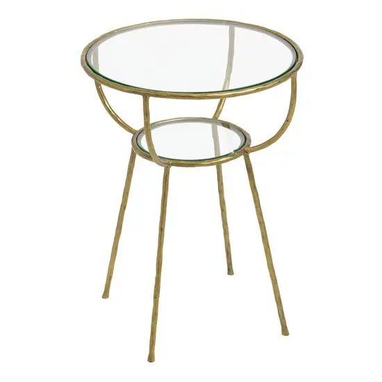 Round shaped Hammering Side Table with a hammered finish golden color metal base and a clear glass top.