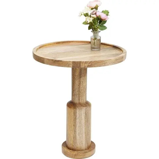 A round mango wood side table with a single columnar support.