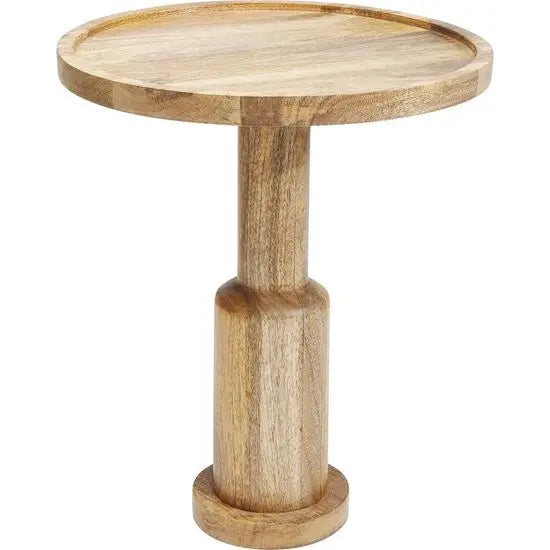 Solid wood round shaped Pillar side table with a single columnar support.