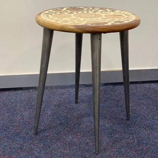 Solid Mango Wood and Cone Design Legs Flower Crafted Kayra Round Table.