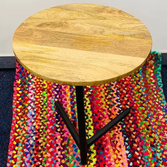 Kayra Round Side Table Made in Mango Wood and Metal Legs.