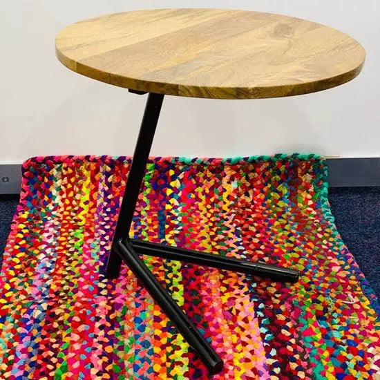 Wooden Top and Metal Legs Kayra Round Side Table.