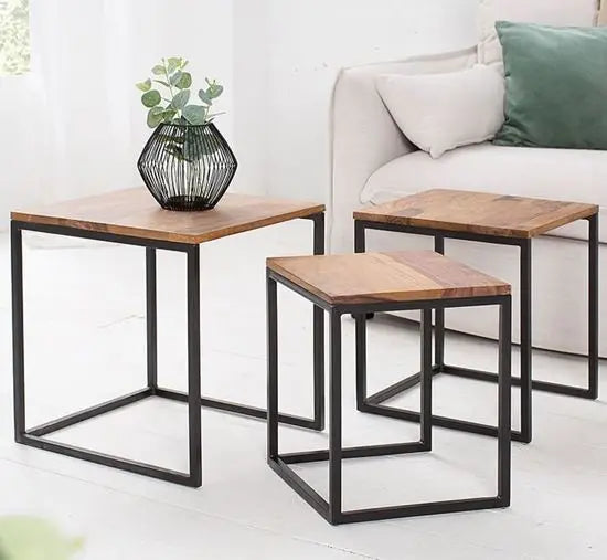 Wooden and Metal Frame Simplistic Design Pollo Stools Set Three Pcs.
