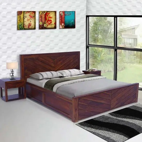A king-sized Herringbone bed made of solid Sheesham wood with a brown finish.