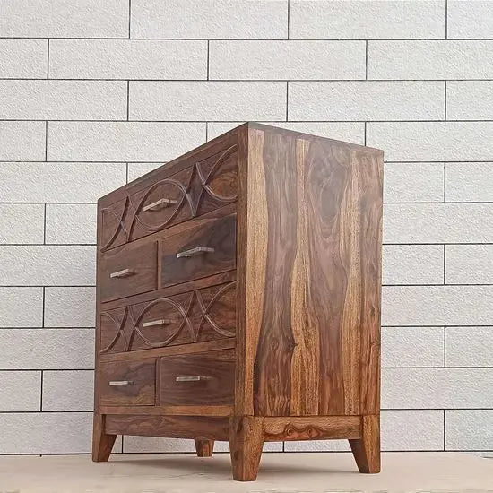 Six Drawer Rope Chest of Drawer Made in Solid Sheesham Wood. Also Carving Design in Drawer.