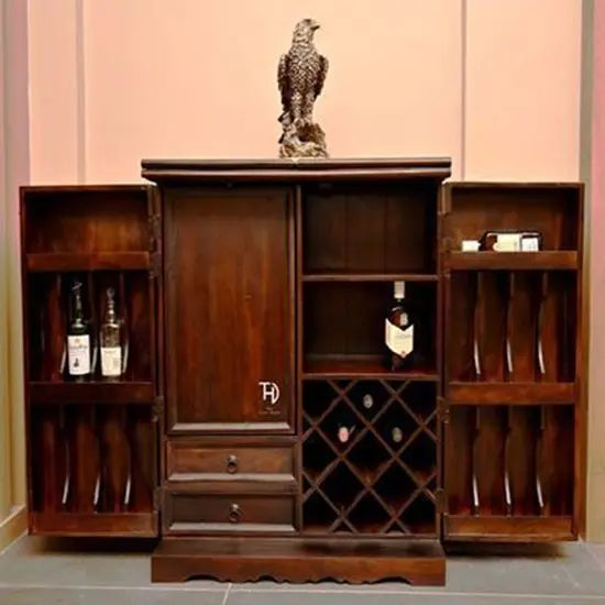 Siramika Bar Cabinet With Two Ceramic Tile Door, Two Drawer inside and Also One Revolving Shelf For Hanging Wine Glass.