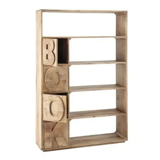 Four Drawer and Five Open Shelf Alpha Bookcase Made in Mango Wood.