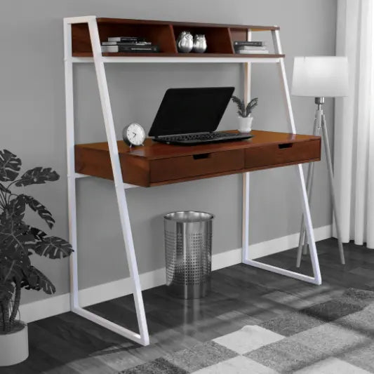 Solid Wood and Metal Frame Two Drawer and Top Wooden Frame With Three Partials Open Shelf Major Study Table.