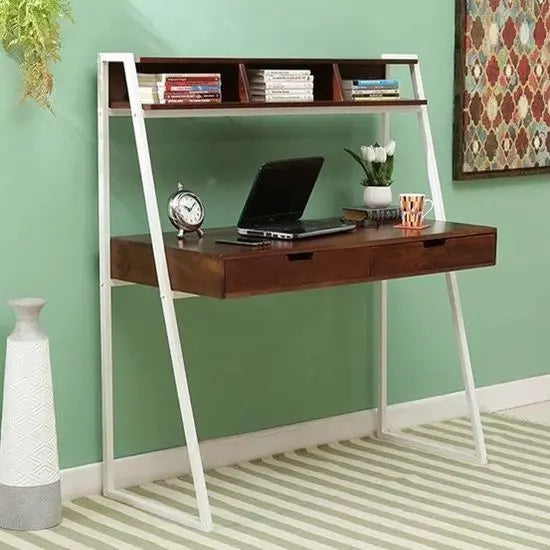 Solid Wood and Metal Frame Two Drawer and Top Wooden Frame With Three Partials Open Shelf Major Study Table Made in Solid Sheesham Wood and Metal Frame.