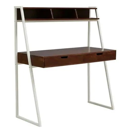 Wooden and Metal Frame Two Drawer and Top Wooden Frame With Three Partials Open Shelf Major Study Table.