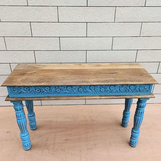 Beautifully hand carved rustic blue color console